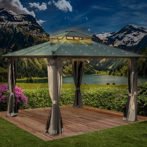 BRAST® Pavillon Aluminium Pagode 3,5x3,5m | viele Modelle & Farben | inkl. Moskitonetz + LED | festes Dach | wasserdicht | stabil | UV-Schutz | Hellgrau von BRAST
