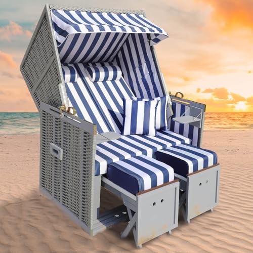 BRAST® Strandkorb Norderney Deluxe für 2 Personen | 120cm breit | 4 Designs | inkl. wetterfeste Abdeckhaube | verstellbare Rückenlehne Fußkissen | Grau/Blau/Weiß - gestreift von BRAST