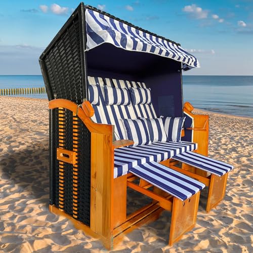 BRAST® Strandkorb Ostsee 3-Sitzer XL für 2-3 Personen | 155cm breit | 2 Designs | Tragkraft bis zu 500kg | verstellbare Rückenlehne | Blau/Weiß gestreift von BRAST