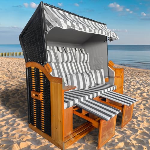 BRAST® Strandkorb Ostsee 3-Sitzer XL für 2-3 Personen | 155cm breit | 2 Designs | Tragkraft bis zu 500kg | verstellbare Rückenlehne | Grau/Weiß - gestreift von BRAST