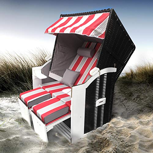 BRAST® Strandkorb Sylt XXL für 2 Personen 115cm breit mehrere Designs incl. wetterfeste Abdeckhaube verstellbare Rückenlehne Fußkissen Farbe Rot/Grau/Weiß gestreift von BRAST