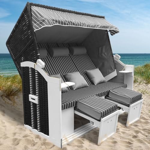 BRAST® Strandkorb Usedom 3-Sitzer XXL für 2-3 Personen | 165cm breit | 5 Designs | inkl. wetterfeste Abdeckhaube | verstellbare Rückenlehne Fußkissen | Anthrazit/Grau - gestreift von BRAST