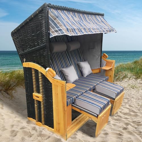 BRAST® Strandkorb Usedom 3-Sitzer XXL für 2-3 Personen | 165cm breit | 5 Designs | inkl. wetterfeste Abdeckhaube | verstellbare Rückenlehne Fußkissen | Braun/Blau - gestreift von BRAST