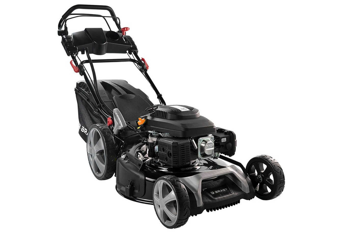 BRAST Benzinrasenmäher mit Antrieb 5,2kW (7PS)  inkl. Motoröl, TÜV, 55 cm Schnittbreite, 60L Fangkorb, 4 Takt OHV Motor, Stahlgehäuse, ESTART von BRAST