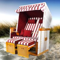 Brast - Strandkorb Nordsee xxl Volllieger Weiß Rot gestreift incl. Schutzhülle 2 Sitzer 120cm breit Gartenliege Sonneninsel Poly-Rattan von BRAST