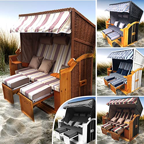 BRAST® Strandkorb Ostsee 3-Sitzer XXL für 2-3 Personen 165cm breit mehrere Designs inkl. wetterfeste Abdeckhaube verstellbare Rückenlehne Fußkissen Farbe Rot/Beige gestreift von BRAST