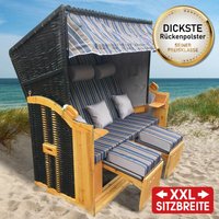 Brast - Strandkorb Usedom 3-Sitzer xxl für 2-3 Personen 165cm breit inkl. wetterfeste Abdeckhaube verstellbare Rückenlehne Fußkissen Braun/Blau von BRAST
