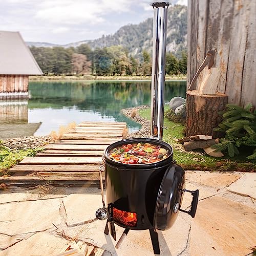 BRAST® Eintopfofen mit Grillfunktion Ofen Kugelgrill Barbecue Grill Outdoor-Küche Gulaschkanone Suppenkessel Hähnchenbräter Ungarischer Gulaschkessel aus Stahlblech emailliert Dreibein inkl. Zubehör von BRAST