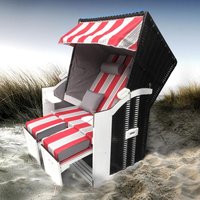 Strandkorb Sylt 2-Sitzer für 2 Personen 115cm breit rot grau weiß gestreift extra Fußkissen incl. Abdeckhaube Gartenliege Sonneninsel Poly-Rattan von BRAST