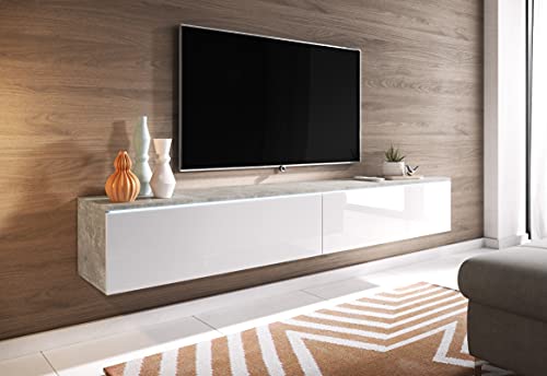 Lowboard, TV-Möbel, 180 cm, TV-Ständer, Hängeschrank, Weiß, Beton (Beton / Weiß glänzend) von BRATEX