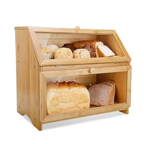 BRAVECOW Natürlich Bambus brotkasten,brotkasten holz Zweischichtig, mit Deckel brotkorb, brot aufbewahrung, Küche Brotaufbewahrungsbox brotbehälter groß, 39x25x32cm (Bambus, 39 x 25 x 32 cm) von BRAVECOW