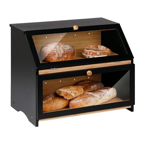 BRAVECOW Natürlich Bambus brotkasten,brotkasten holz Zweischichtig, mit Deckel brotkorb, brot aufbewahrung, schwarz Brotaufbewahrungsbox brotbehälter groß, 39x25x32cm (Schwarz, 39 x 25 x 32 cm) von BRAVECOW