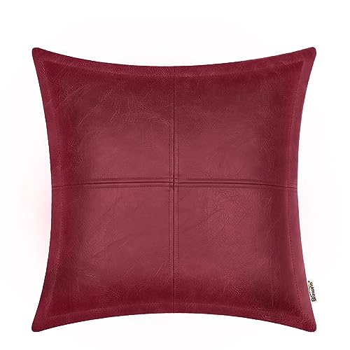 BRAWARM Burgunderrotes Leder-Kissenbezug, 55,9 x 55,9 cm, Kunstleder-Kissenbezug mit Paspelierung, handgenähtes Leder, dekorative Kissenbezüge für Couch, Sofa, Bett, Wohnzimmer, Garten von BRAWARM