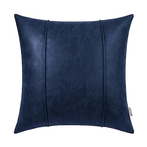 BRAWARM Marineblauer Leder-Kissenbezug, 45,7 x 45,7 cm – Kunstleder-Kissenbezug mit Paspelierung, handgenähtes Leder-Wurfkissen für Couch, Sofa, Bett, Wohnzimmer, Heimdekoration von BRAWARM