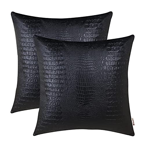 Brawarm Packung mit 2 gemütlichen Kissenbezügen Hüllen für Couch Sofa Home Decoration Massiv gefärbtes Krokodil Kunstleder auf beiden Seiten 45cm x 45cm Schwarz von BRAWARM