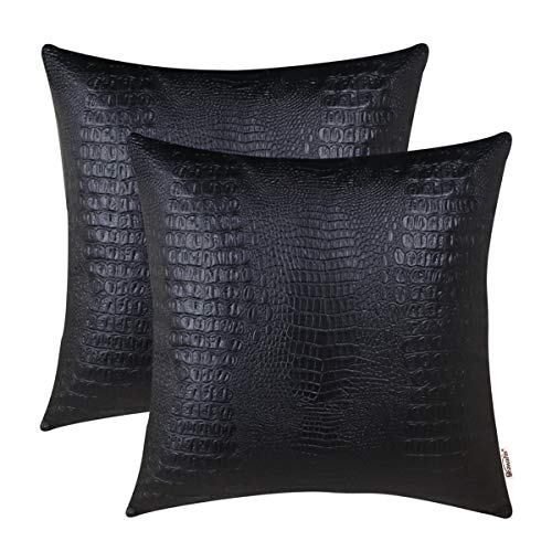 Brawarm Packung mit 2 gemütlichen Kissenbezügen Hüllen für Couch Sofa Home Decoration Massiv gefärbtes Krokodil Kunstleder auf beiden Seiten 50cm x 50cm Schwarz von BRAWARM