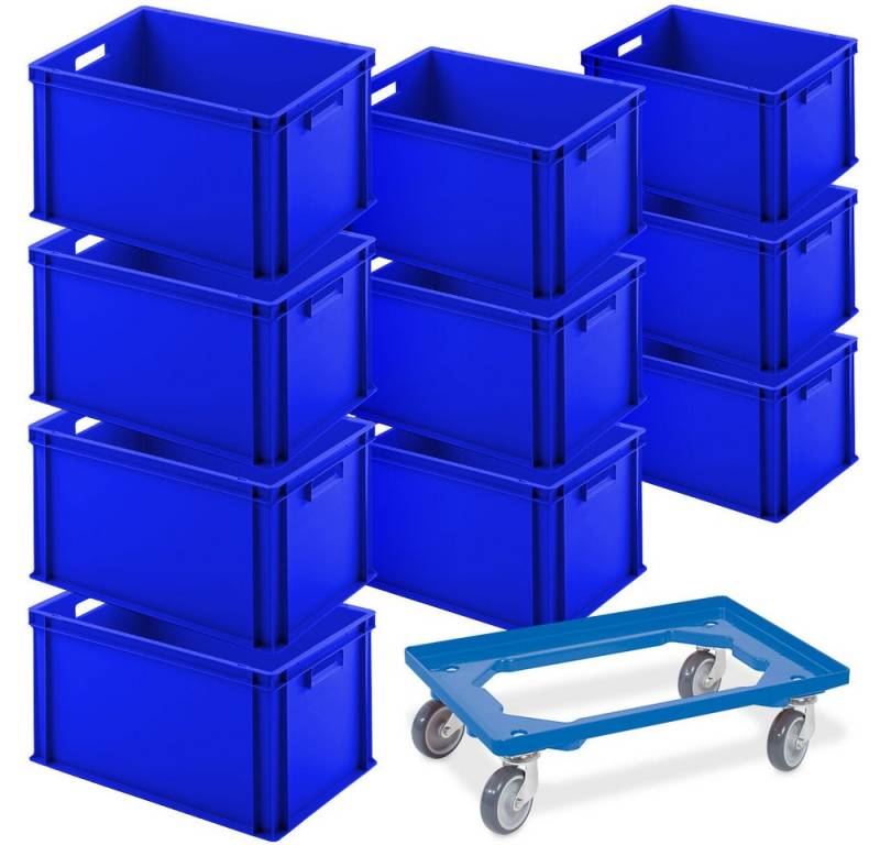 BRB-Lagertechnik Stapelbox 10er SPAR-Set Euro-Behälter + Transportroller, 600x400x320 mm, 10x Euro-Behälter PLUS Transportroller von BRB-Lagertechnik