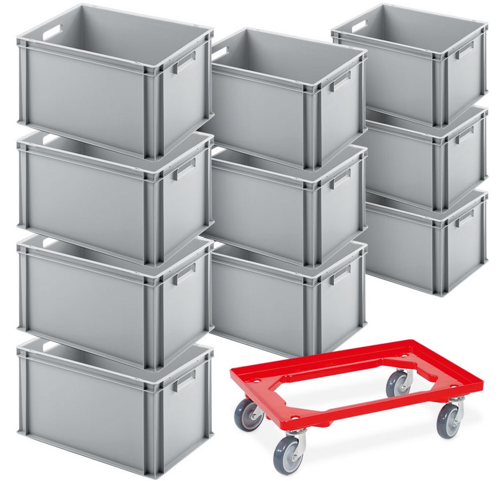 BRB-Lagertechnik Stapelbox 10er SPAR-Set Euro-Behälter + Transportroller, 600x400x320 mm, 10x Euro-Behälter PLUS Transportroller von BRB-Lagertechnik