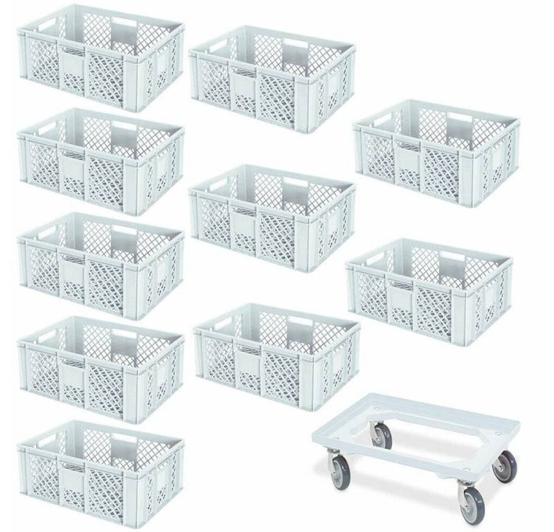 BRB-Lagertechnik Stapelbox 10x Eurobehälter/Bäckerkiste, LxBxH 600x400x240 mm + Transportroller, Stoßfest, robust und formstabil von BRB-Lagertechnik