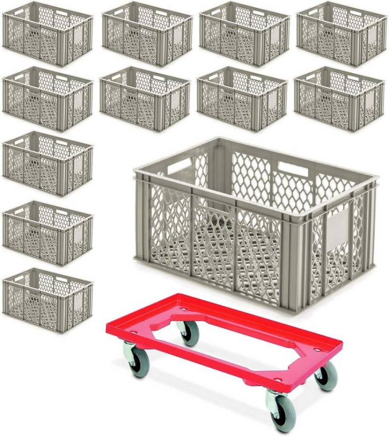 BRB-Lagertechnik Stapelbox 12x Eurobehälter 600x400x280 mm, kieselgrau Plus Transportroller, Sehr stoßfester, robuster und formstabiler Stapelbehälter von BRB-Lagertechnik