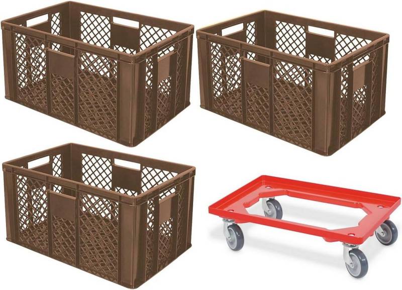 BRB-Lagertechnik Stapelbox 3x Eurobehälter/Bäckerkiste, LxBxH 600x400x320 mm + Transportroller, Stoßfest, robust und formstabil von BRB-Lagertechnik