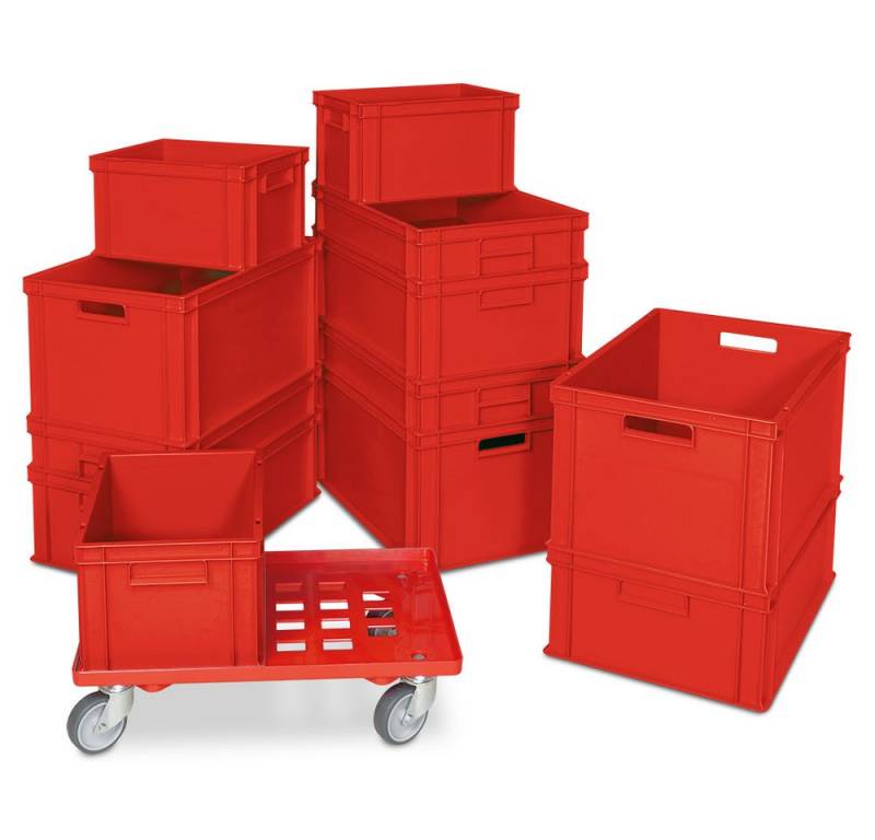 BRB-Lagertechnik Stapelbox BRB Set mit 12 Euro-Stapelbehältern in 4 Größen + 1 Transportroller, Stoßfest, robust und formstabil von BRB-Lagertechnik