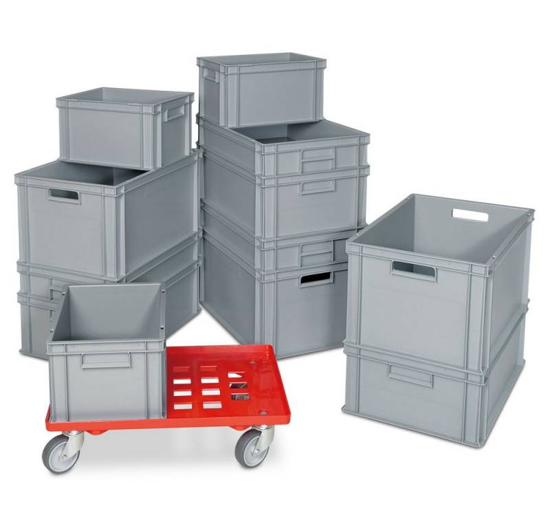 BRB-Lagertechnik Stapelbox BRB Set mit 12 Euro-Stapelbehältern in 4 Größen + 1 Transportroller, Stoßfest, robust und formstabil von BRB-Lagertechnik