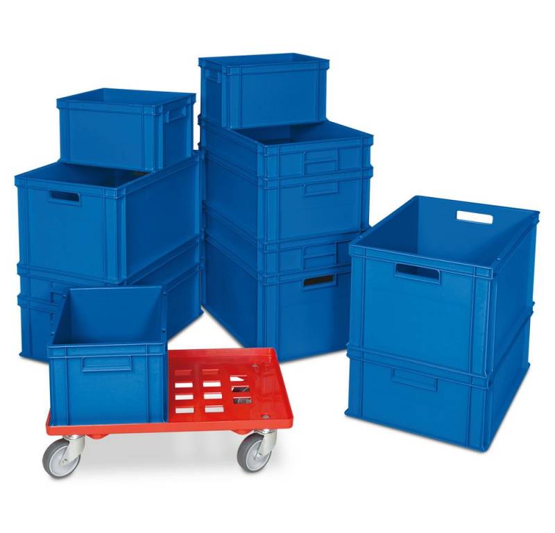 BRB-Lagertechnik Stapelbox BRB Set mit 12 Euro-Stapelbehältern in 4 Größen + 1 Transportroller, Stoßfest, robust und formstabil von BRB-Lagertechnik