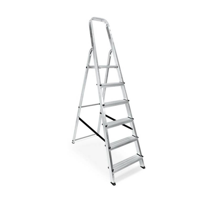 BRB-Lagertechnik Stehleiter Alu-Bügelleiter mit 5 Stufen, Plattform-Höhe 1210 mm, Sicherer, stabiler Stand durch breite, rutschfeste Stufen von BRB-Lagertechnik