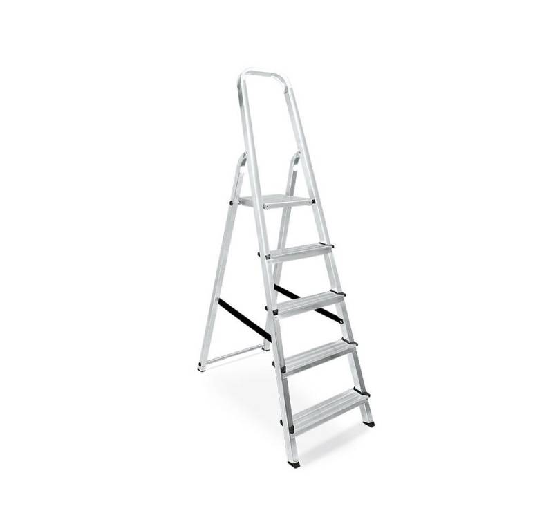 BRB-Lagertechnik Stehleiter Alu-Bügelleiter mit 5 Stufen, Plattform-Höhe 995 mm, Sicherer, stabiler Stand durch breite, rutschfeste Stufen von BRB-Lagertechnik