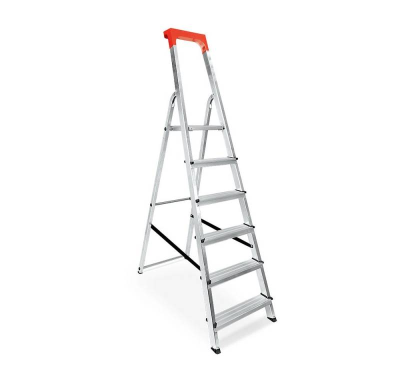 BRB-Lagertechnik Stehleiter Alu-Stufenleiter mit 6 Stufen, erreichbare Arbeitshöhe 3210 mm, Stufenleiter aus Alu von BRB-Lagertechnik