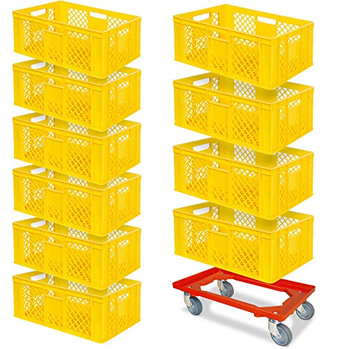 10 Eurobehälter, LxBxH 600x400x240 mm, Industriequalität, lebensmittelecht, gelb + 1 Transportroller, rot von BRB