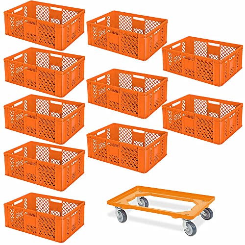 10 Eurobehälter, LxBxH 600x400x240 mm, Industriequalität, lebensmittelecht + 1 Transportroller, orange von BRB