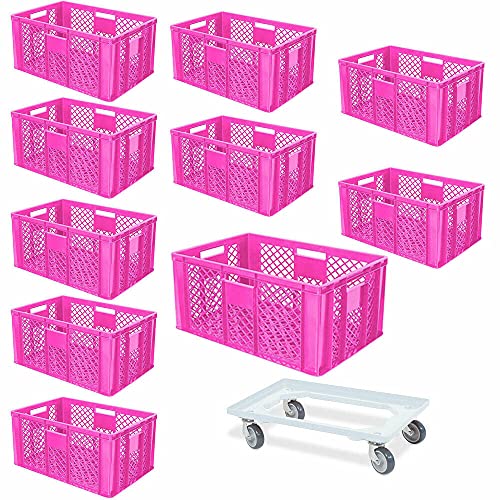 10 Eurobehälter, LxBxH 600x400x320 mm, Industriequalität, lebensmittelecht, pink + 1 Transportroller, weiß von BRB