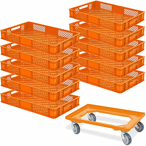 10 Eurobehälter LxBxH 600x400x90 mm, Industriequalität, lebensmittelecht + 1 Transportroller orange von BRB
