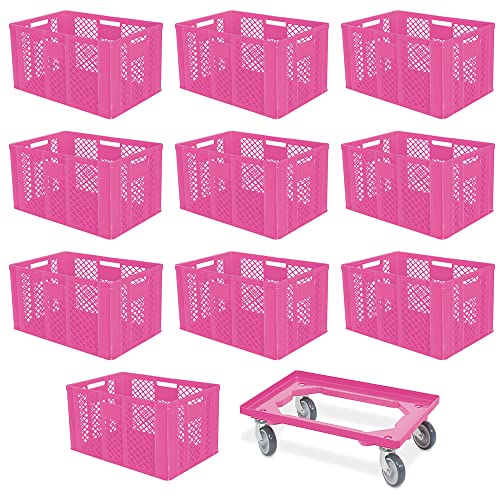 10 Euroboxen, LxBxH 600x400x410 mm, lebensmittelecht + 1 Transportroller, pink von BRB