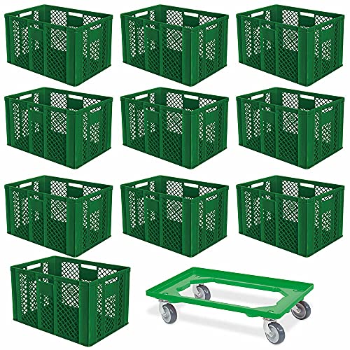 10er SPAR-Set Euro-Stapelbehälter PLUS GRATIS Transportroller, 600x400x410 mm Industriequalität lebensmittelecht grün von BRB