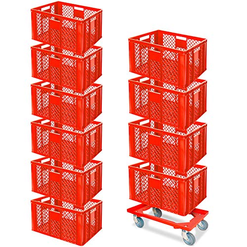 10er Spar-Set Euro-Stapelbehälter Plus GRATIS Transportroller, 600x400x320 mm Industriequalität lebensmittelecht rot von BRB