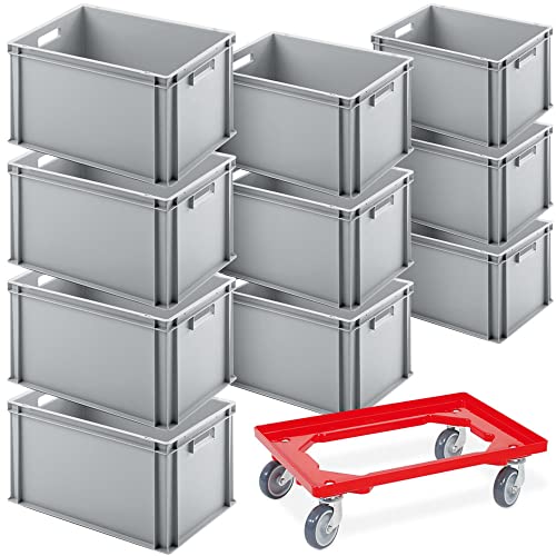 BRB 10er SPAR-Set Euro-Behälter PLUS Transportroller, 600x400x320 mm Industriequalität lebensmittelecht grau von BRB