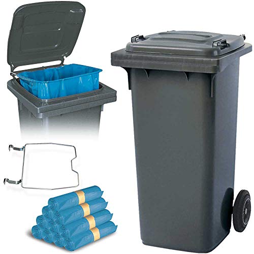 BRB 120 Liter Mülltonne mit Halter für Müllsäcke, inkl. 250 Müllsäcke (grau) von BRB