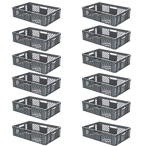 12x Eurobehälter/Stapelkorb durchbrochen, PE-HD, Industriequalität, lebensmittelecht, LxBxH 600x400x150 mm, grau von BRB