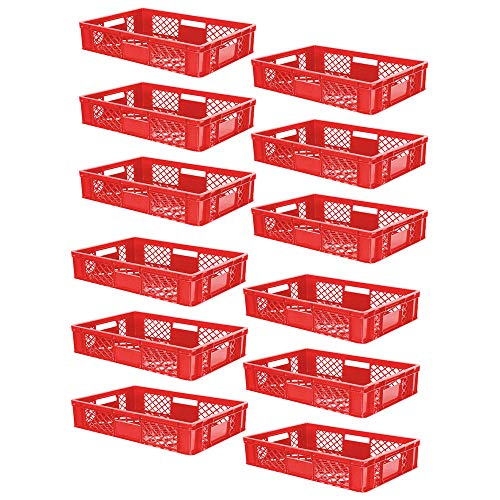 12x Eurobehälter/Stapelkorb durchbrochen, PE-HD, Industriequalität, lebensmittelecht, LxBxH 600x400x150 mm, rot von BRB