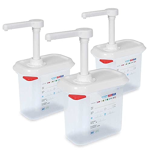 3x Pumpspender für Saucen, 1,5 Liter, pro Hub 30 ml, mit dichtschließendem Deckel, PP, LxBxH 176x108x190 mm von BRB