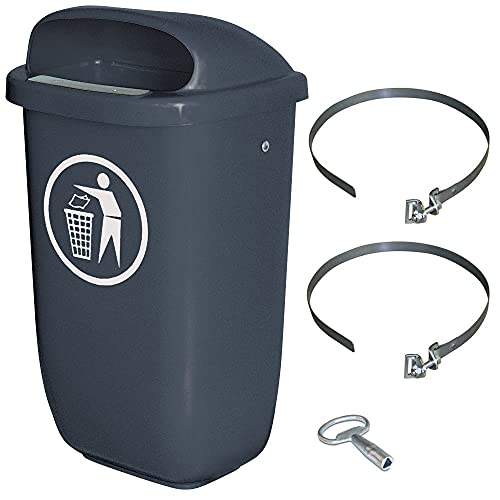 BRB Abfall-Behälter für den Außenbereich, Inhalt 50 Liter, nach DIN 30713, Komplettset mit Schellenband zur Pfahlbefestigung von BRB