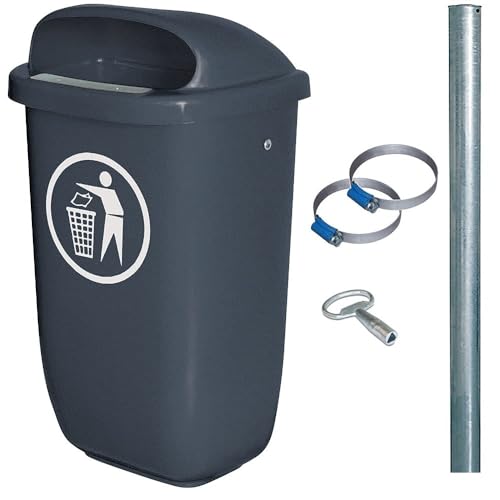 BRB Abfall-Behälter für den Außenbereich, Inhalt 50 Liter, nach DIN 30713, im Komplettset mit verzinktem Rohrpfosten von BRB