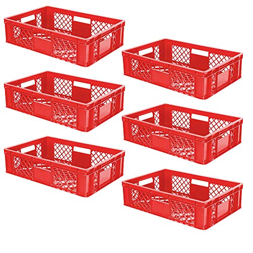 BRB 6x Eurobehälter/Stapelkorb durchbrochen, PE-HD, Industriequalität, lebensmittelecht, LxBxH 600x400x150 mm, rot von BRB