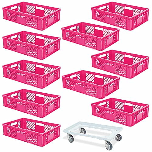 BRB 10 Eurobehälter, LxBxH 600x400x150 mm, Industriequalität, lebensmittelecht, pink + 1 Transportroller, weiß von BRB