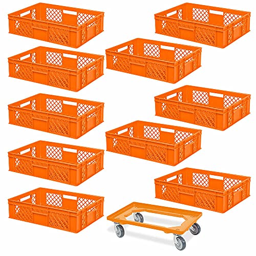 BRB 10 Eurobehälter, LxBxH 600x400x150 mm, Industriequalität, lebensmittelecht + 1 Transportroller, orange von BRB