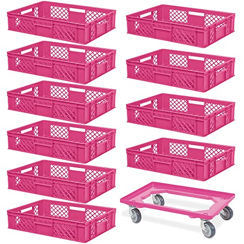 BRB 10 Eurobehälter, LxBxH 600x400x150 mm, lebensmittelecht + 1 Transportroller, pink von BRB