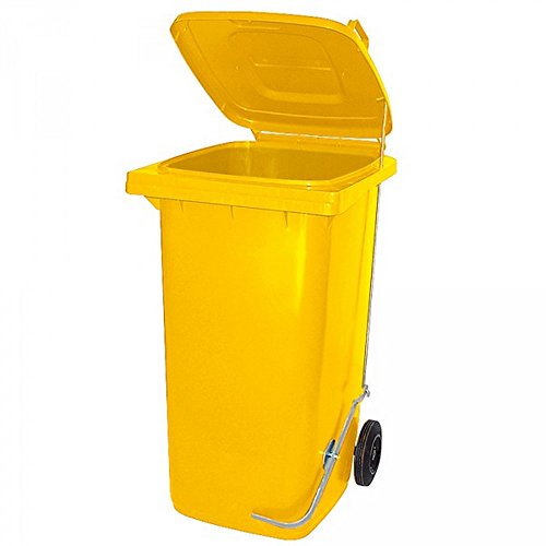 BRB 120 Liter Mülltonne/Müllgroßbehälter, gelb, mit Fußpedal für handfreie Bedienung von BRB